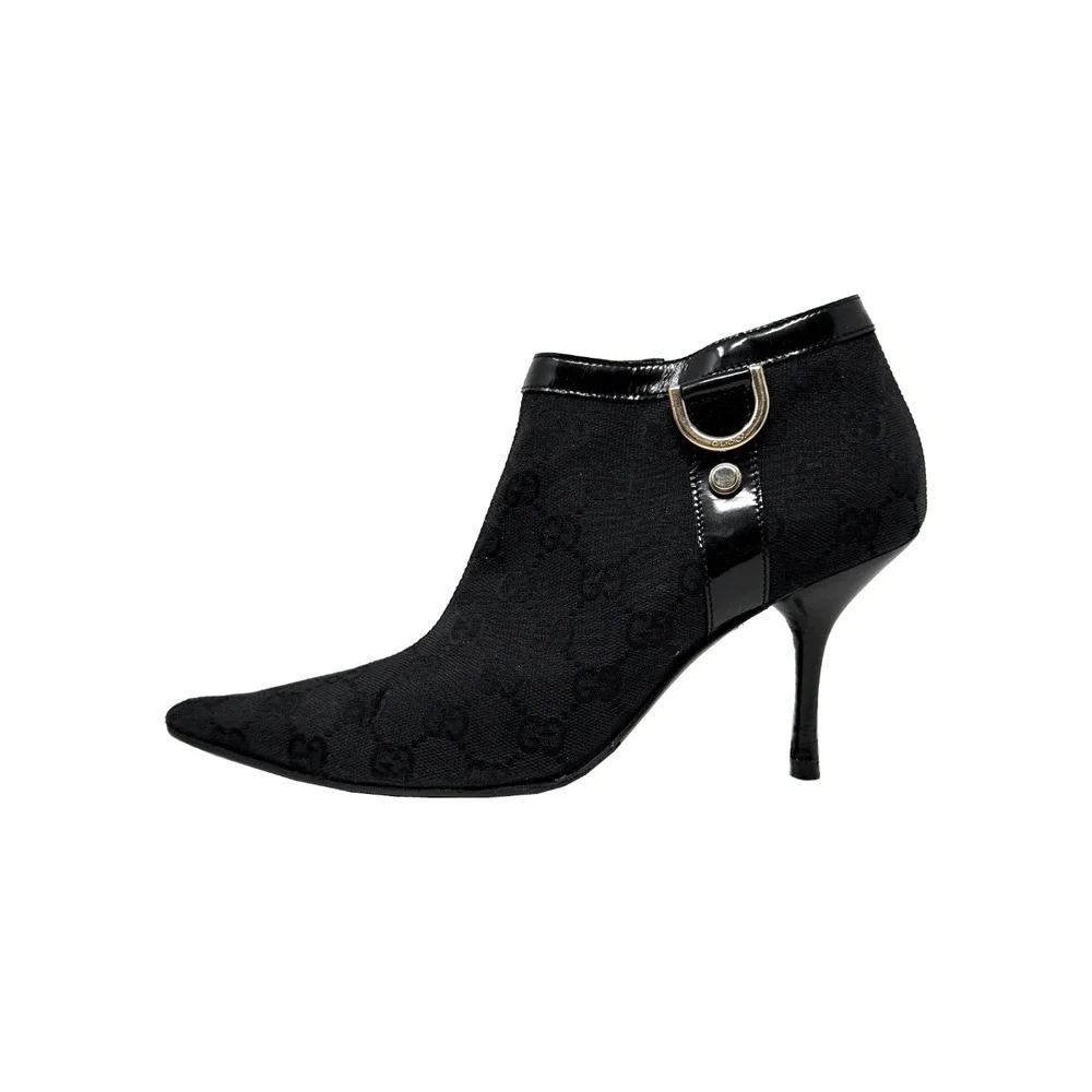 Vintage Gucci GG Monogram Pointed Toe Ankle Boots Heels Black Gold 6B